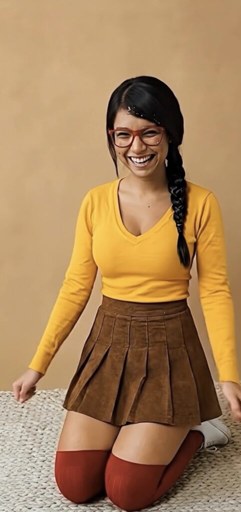 Indian woman dressed as Velma smiling cum facial