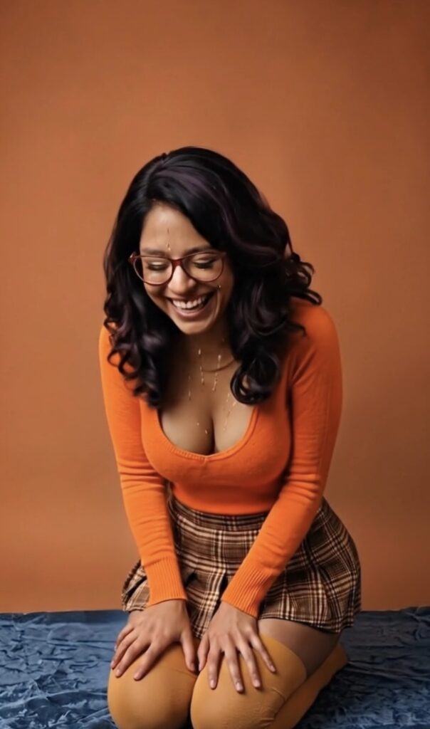 Indian woman dressed in Velma cosplay with cum on her chest and face. A real cosplay facial.