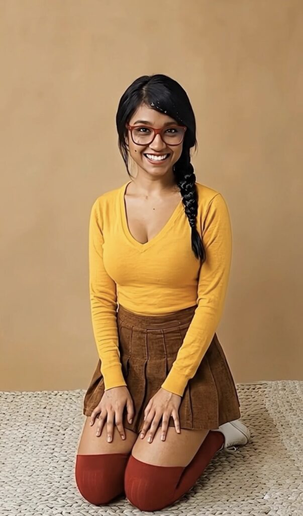 Cute woman with braid and Velma cosplay has cum in her hair from cosplay facials.