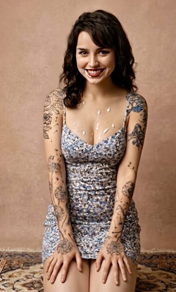 Cosplay model in sundress facial cumshot